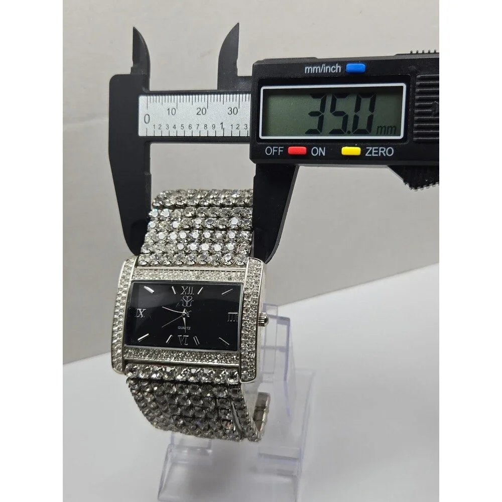 Suzanne Somers Womens Silver Tone Pave Crystal Wide Watch Black Dial New Battery